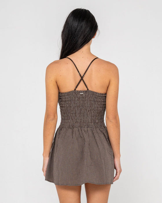 woman-wearing-mimi-smocked-mini-dress-in-java-plaid