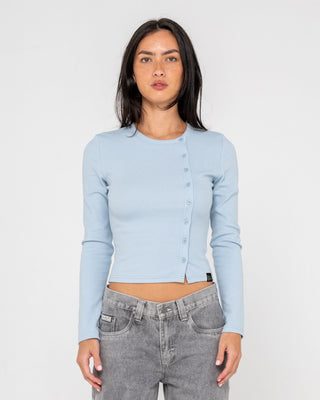 Woman wearing Button Up Long Sleeve Top in Retro Blue