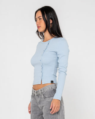 Woman wearing Button Up Long Sleeve Top in Retro Blue