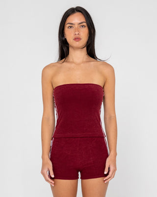 Woman wearing Lamar Towelling Skimmer Tube Top in Burgundy