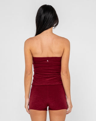 Woman wearing Lamar Towelling Skimmer Tube Top in Burgundy