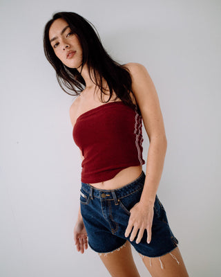 Woman wearing Lamar Towelling Skimmer Tube Top in Burgundy