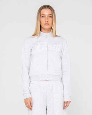 Woman wearing Trailer Trash Skimmer Zip Through Fleece in Ecru Marle