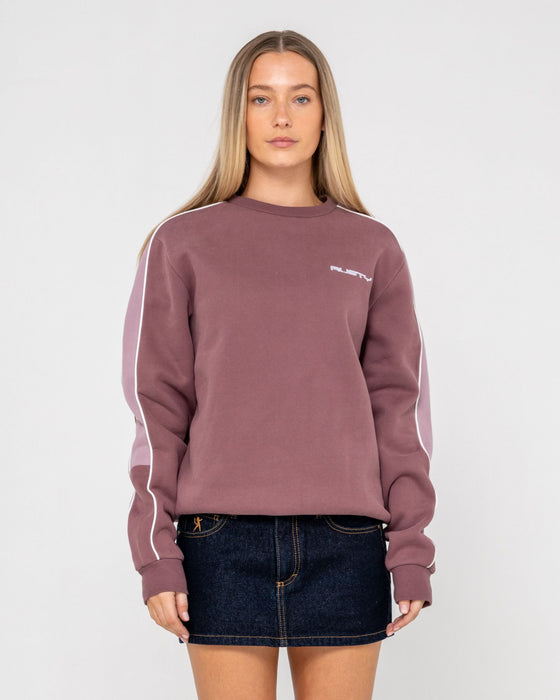 woman-wearing-two-timer-panelled-crew-fleece-in-cadet-elderberry