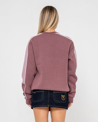 Woman wearing Two Timer Panelled Crew Fleece in Cadet / Elderberry