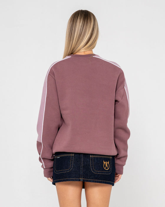 woman-wearing-two-timer-panelled-crew-fleece-in-cadet-elderberry