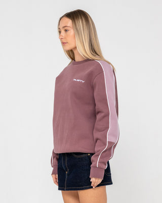 Woman wearing Two Timer Panelled Crew Fleece in Cadet / Elderberry