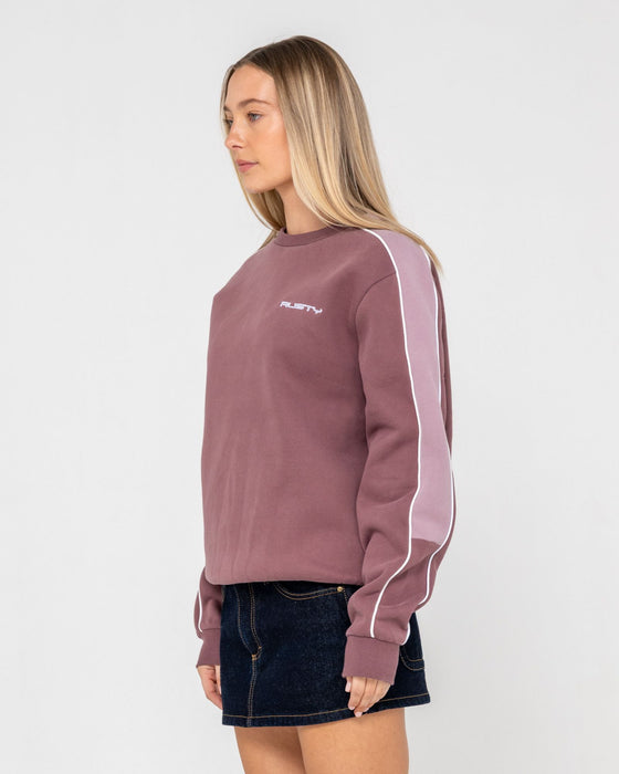 woman-wearing-two-timer-panelled-crew-fleece-in-cadet-elderberry