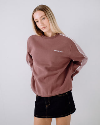 Woman wearing Two Timer Panelled Crew Fleece in Cadet / Elderberry