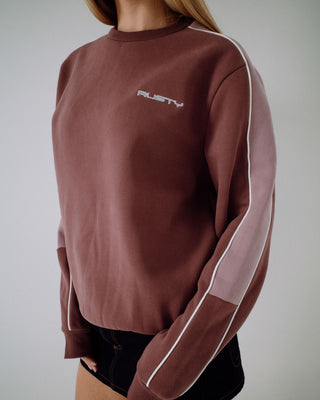 Woman wearing Two Timer Panelled Crew Fleece in Cadet / Elderberry