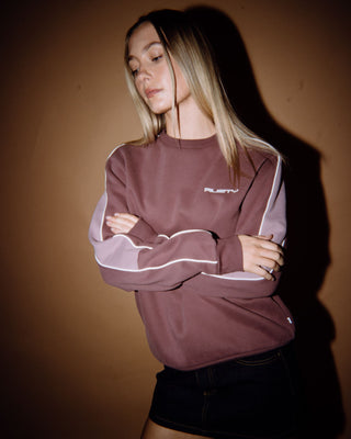Woman wearing Two Timer Panelled Crew Fleece in Cadet / Elderberry