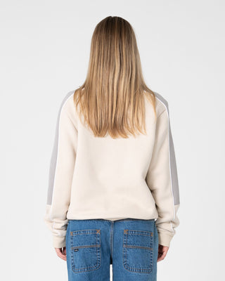 Woman wearing Two Timer Panelled Crew Fleece in Oatmeal / Grey