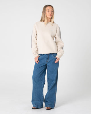 Woman wearing Two Timer Panelled Crew Fleece in Oatmeal / Grey