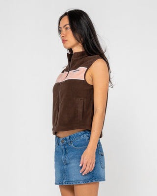 Woman wearing Bless Up Polar Fleece Vest in Java