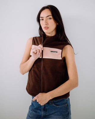 Woman wearing Bless Up Polar Fleece Vest in Java