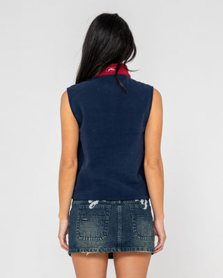 Woman wearing Mr Cool Polar Fleece Vest in Red