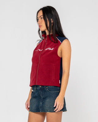 Woman wearing Mr Cool Polar Fleece Vest in Red