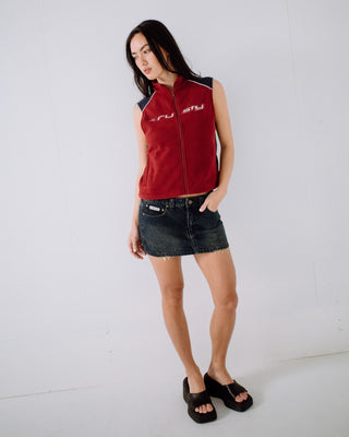 Woman wearing Mr Cool Polar Fleece Vest in Red