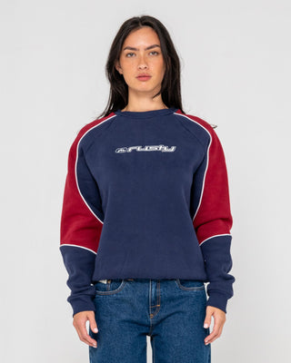 Woman wearing South Of The River Oversize Crew Fleece in Navy / Red