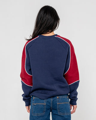Woman wearing South Of The River Oversize Crew Fleece in Navy / Red