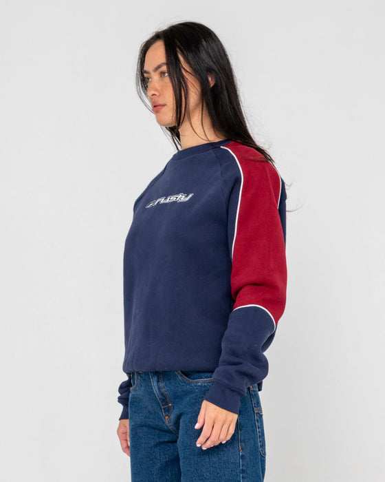 woman-wearing-south-of-the-river-oversize-crew-fleece-in-navy-red