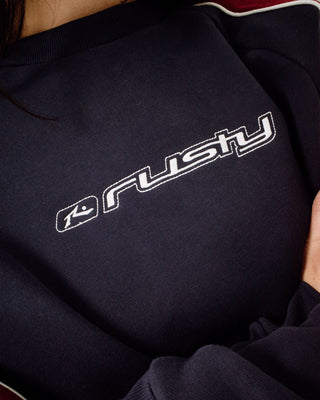 Woman wearing South Of The River Oversize Crew Fleece in Navy / Red