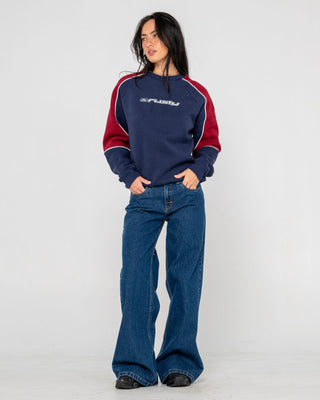 Woman wearing South Of The River Oversize Crew Fleece in Navy / Red