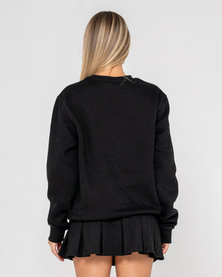 Woman wearing R Essential Oversized Crew Fleece in Black