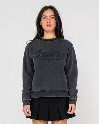 Woman wearing Roxanne Oversized Crew Neck Fleece in Washed Black
