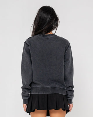 Woman wearing Roxanne Oversized Crew Neck Fleece in Washed Black