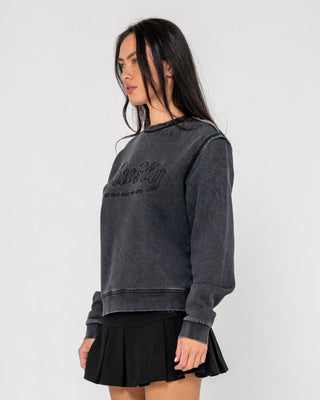 Woman wearing Roxanne Oversized Crew Neck Fleece in Washed Black