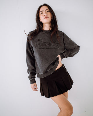 Woman wearing Roxanne Oversized Crew Neck Fleece in Washed Black