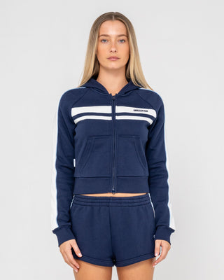 Woman wearing Retro Lines Zip Through Hooded Fleece in Navy Blue