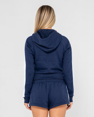 Woman wearing Retro Lines Zip Through Hooded Fleece in Navy Blue