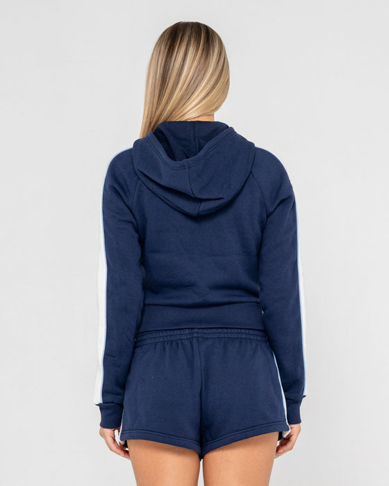 woman-wearing-retro-lines-zip-through-hooded-fleece-in-navy-blue