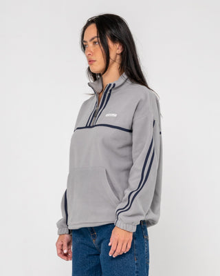 Woman wearing Bind Me Up Contrast Polar Fleece in Grey / Navy