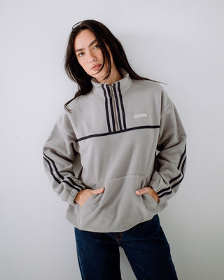 Woman wearing Bind Me Up Contrast Polar Fleece in Grey / Navy