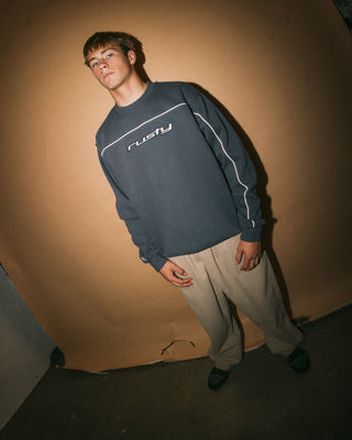 Man wearing Trigger Crew Fleece in Atlantic Blue