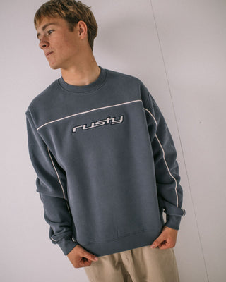 Man wearing Trigger Crew Fleece in Atlantic Blue