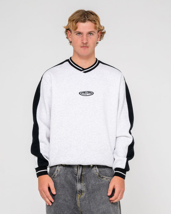 man-wearing-vengeance-v-neck-fleece-in-ecru-marle