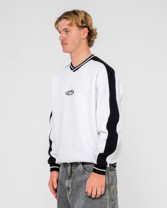 man-wearing-vengeance-v-neck-fleece-in-ecru-marle