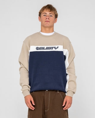 Man wearing Pod Racer Crew Fleece in Navy Blue