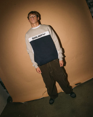 Man wearing Pod Racer Crew Fleece in Navy Blue