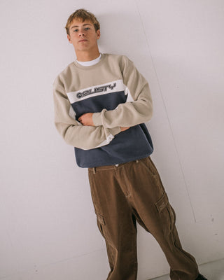 Man wearing Pod Racer Crew Fleece in Navy Blue