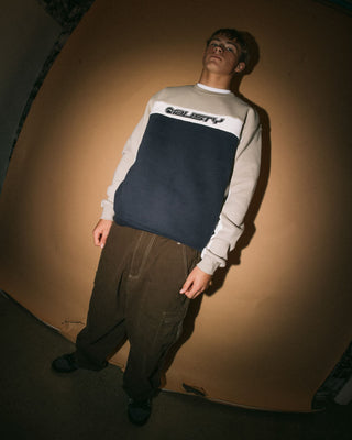 Man wearing Pod Racer Crew Fleece in Navy Blue