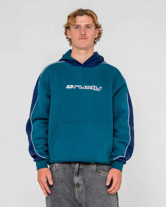 man-wearing-panela-anderson-2-0-hooded-fleece-in-deep-teal