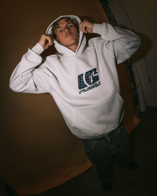 Man wearing Predator Hooded Fleece in Ecru Marle