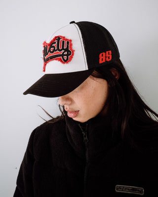 Womens Red Raw Trucker Cap in Oatmeal