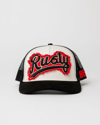 Womens Red Raw Trucker Cap in Oatmeal
