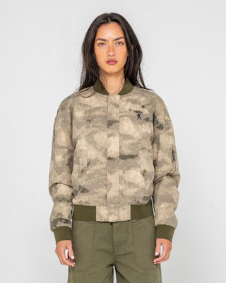 Woman wearing Fly Away Bomber Jacket in Camo